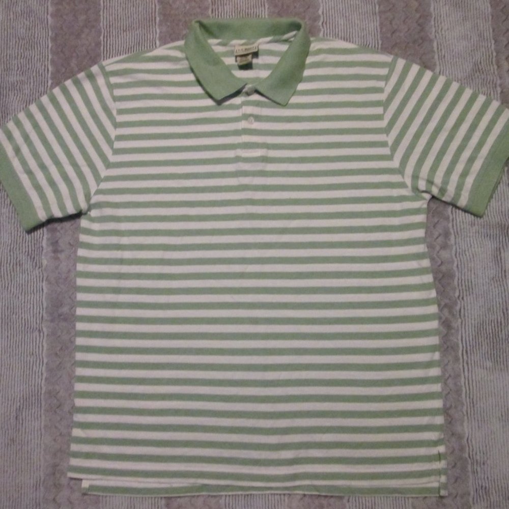 Men's LL Bean Green White Striped Short Sleeve Golf Polo Short L Large
